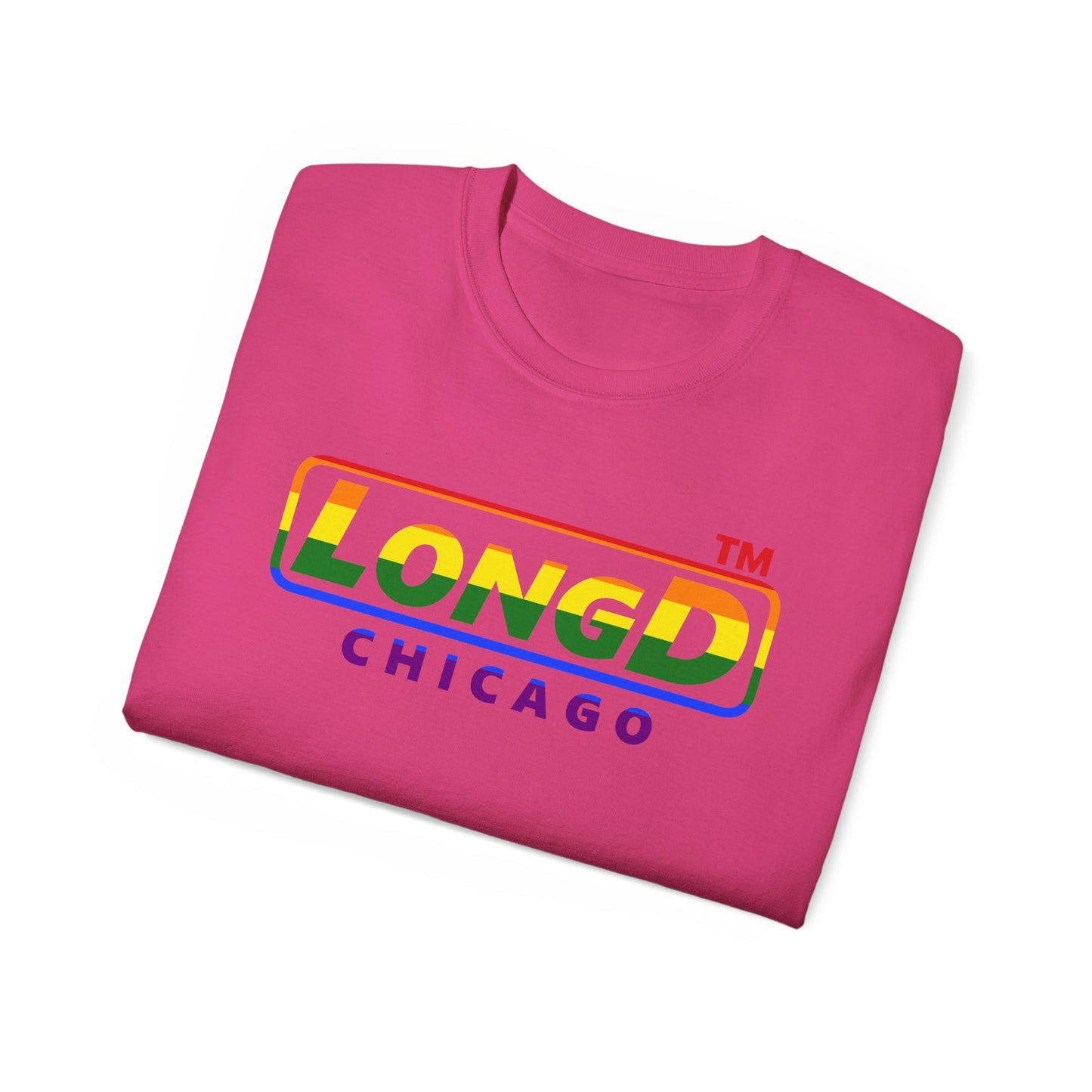 LongD positive vertical striped front-back Chicago logo cotton tee (Pride colors)