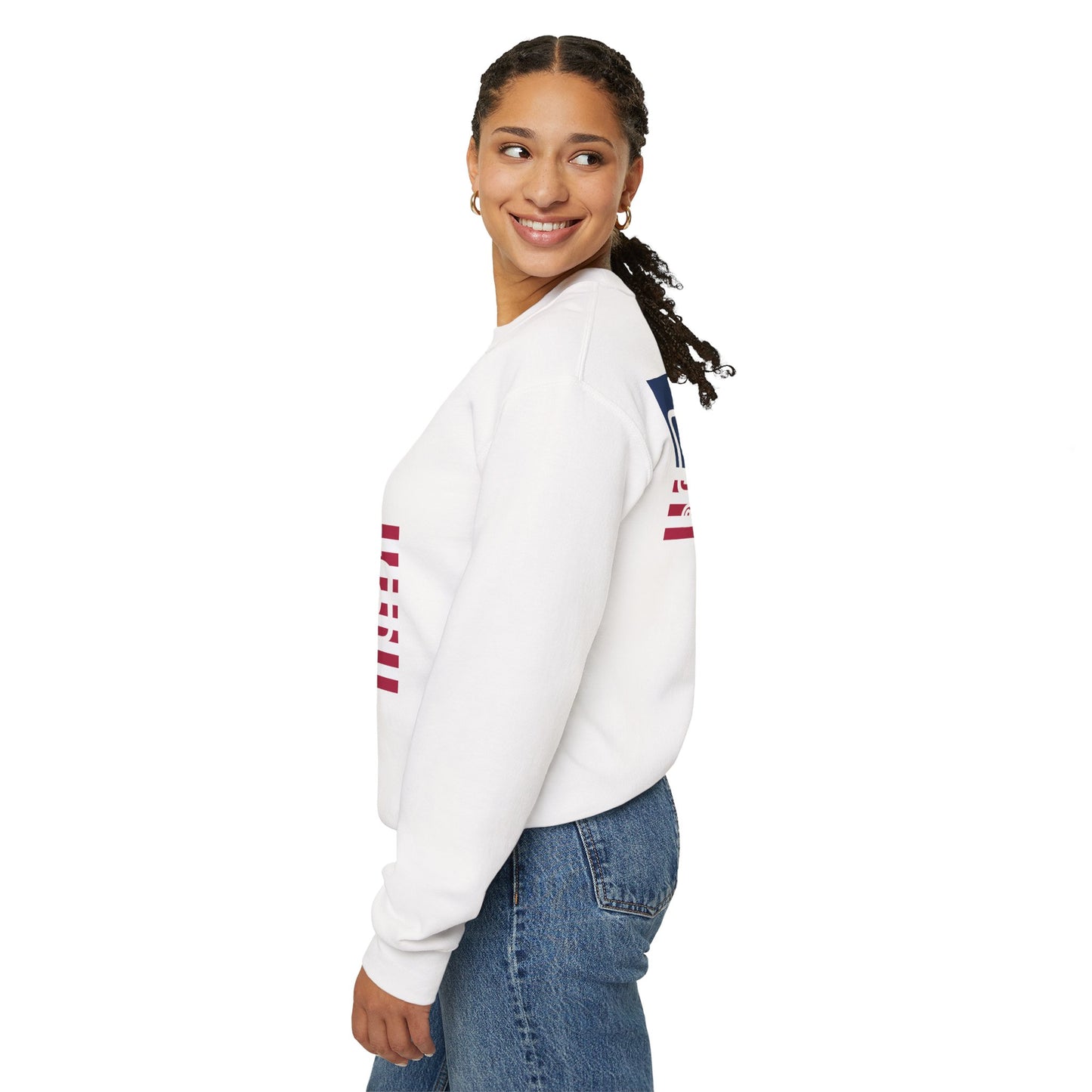 I firecracker LongD negative flag front-back Hyde Park logo crewneck sweatshirt