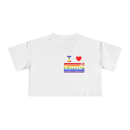 I Luv LongD negative horizontal 6-striped single-breasted tag-domain logo reverse front-back crop tee (Pride colors)