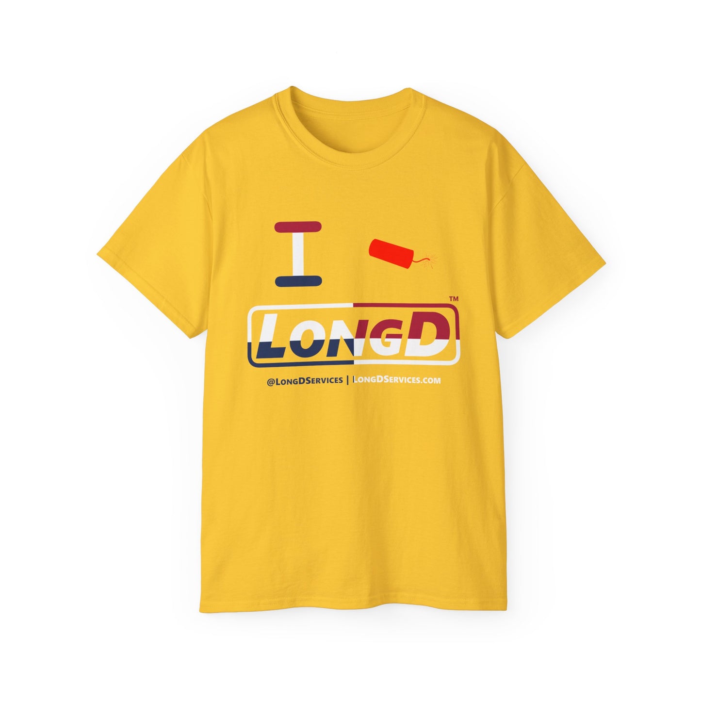 I Firecracker LongD® Logo Cotton Tee Red, White and Blue positive quarters text
