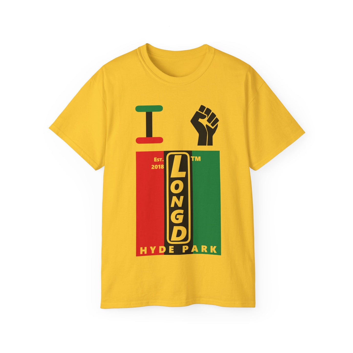 I fist LongD Cotton Tee negative vertical striped Hyde Park upright logo (Juneteenth colors)