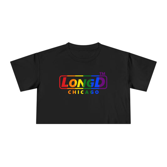 LongD positive vertical 6-striped front-back Chicago logo crop tee (Pride colors)