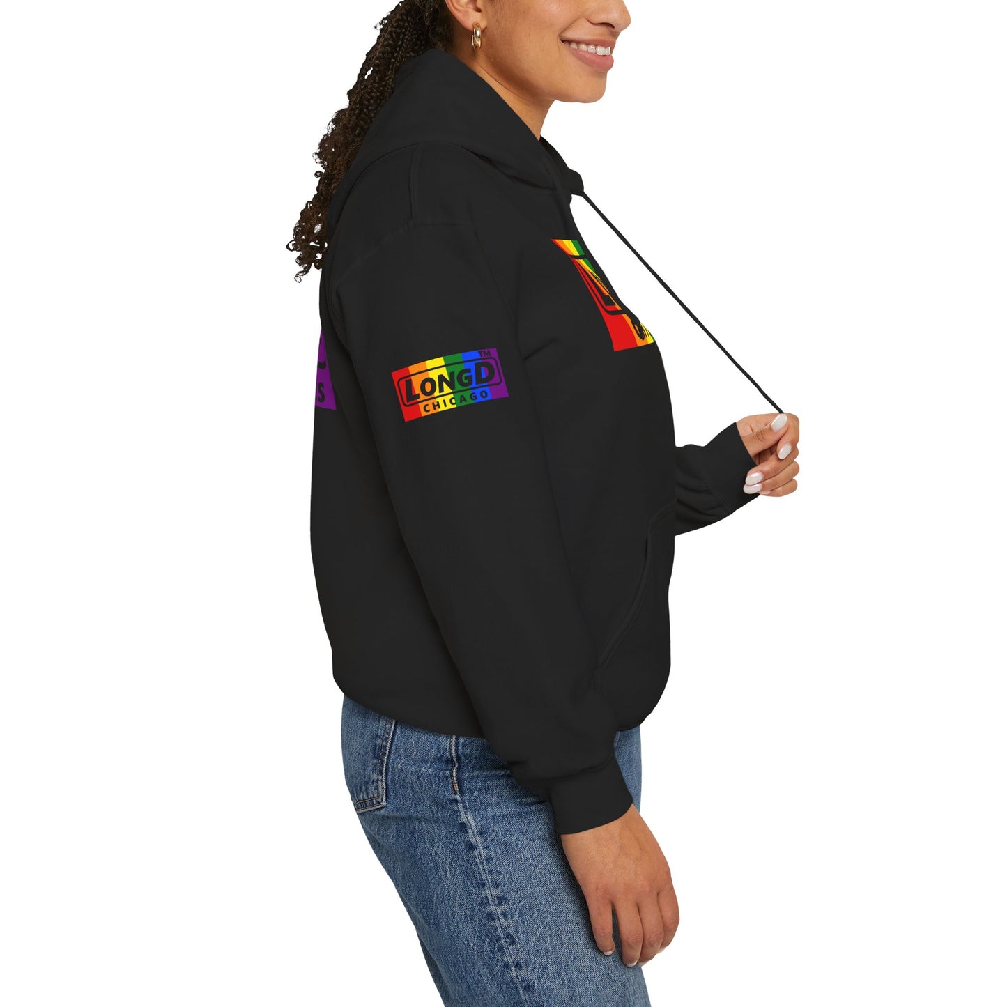 LongD® negative vertical striped 4-print Chicago logo hoodie (Pride colors)