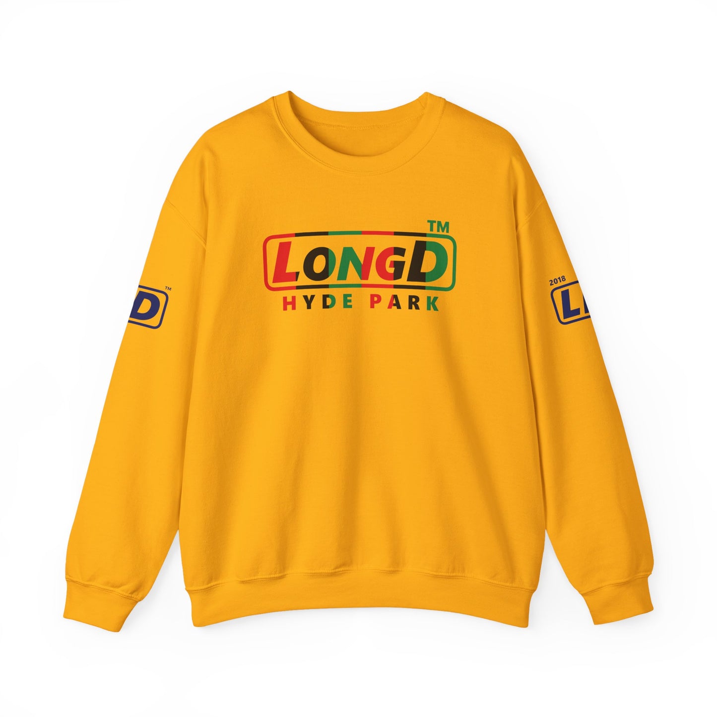 LongD positive vertical 6-striped 4-print Hyde Park logo crewneck sweatshirt (Juneteenth colors)
