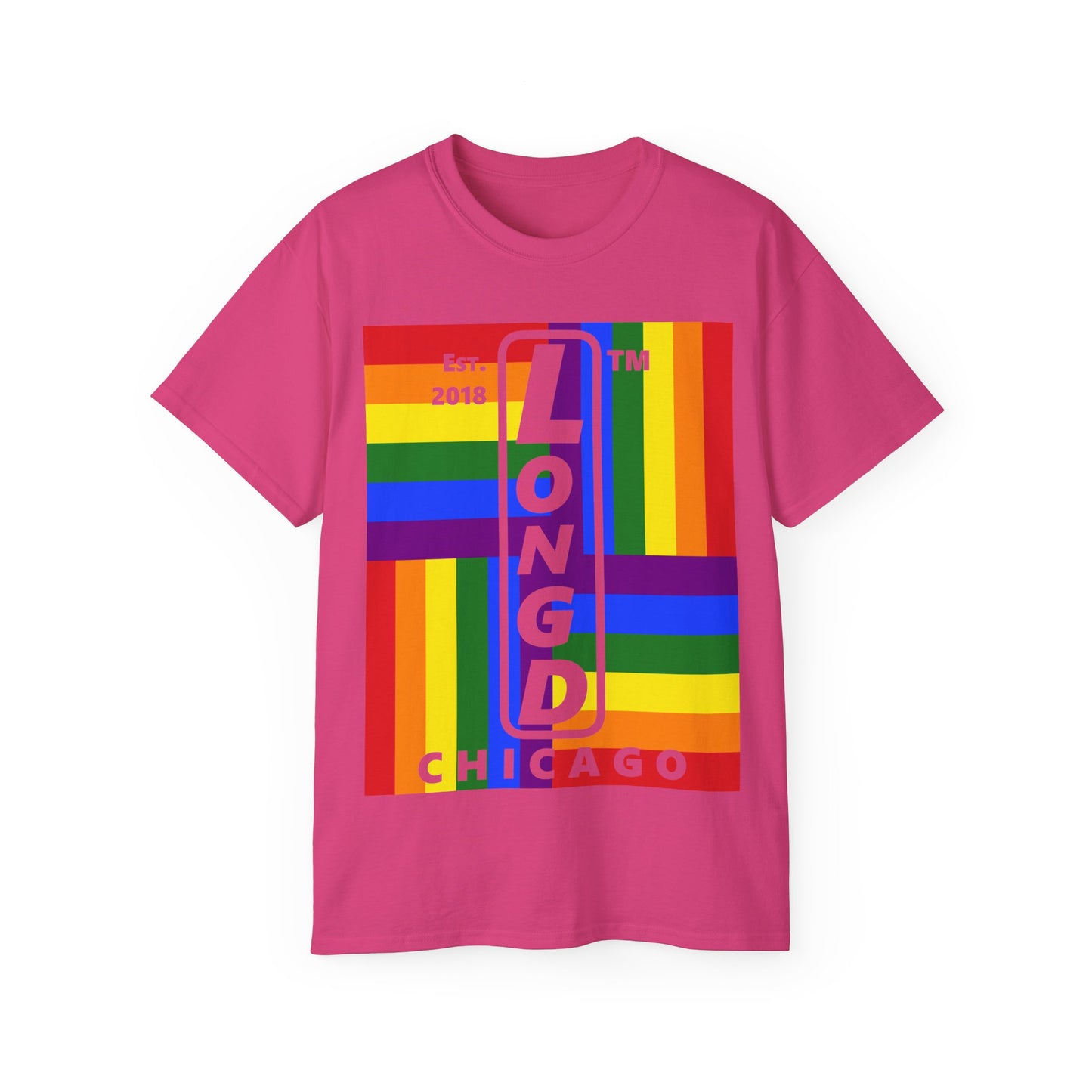 LongD Cotton Tee negative windmill Chicago upright logo (Pride colors)