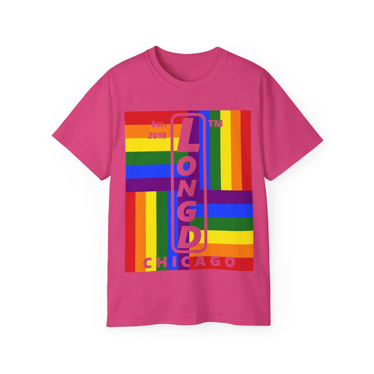 LongD Cotton Tee negative windmill Chicago upright logo (Pride colors)