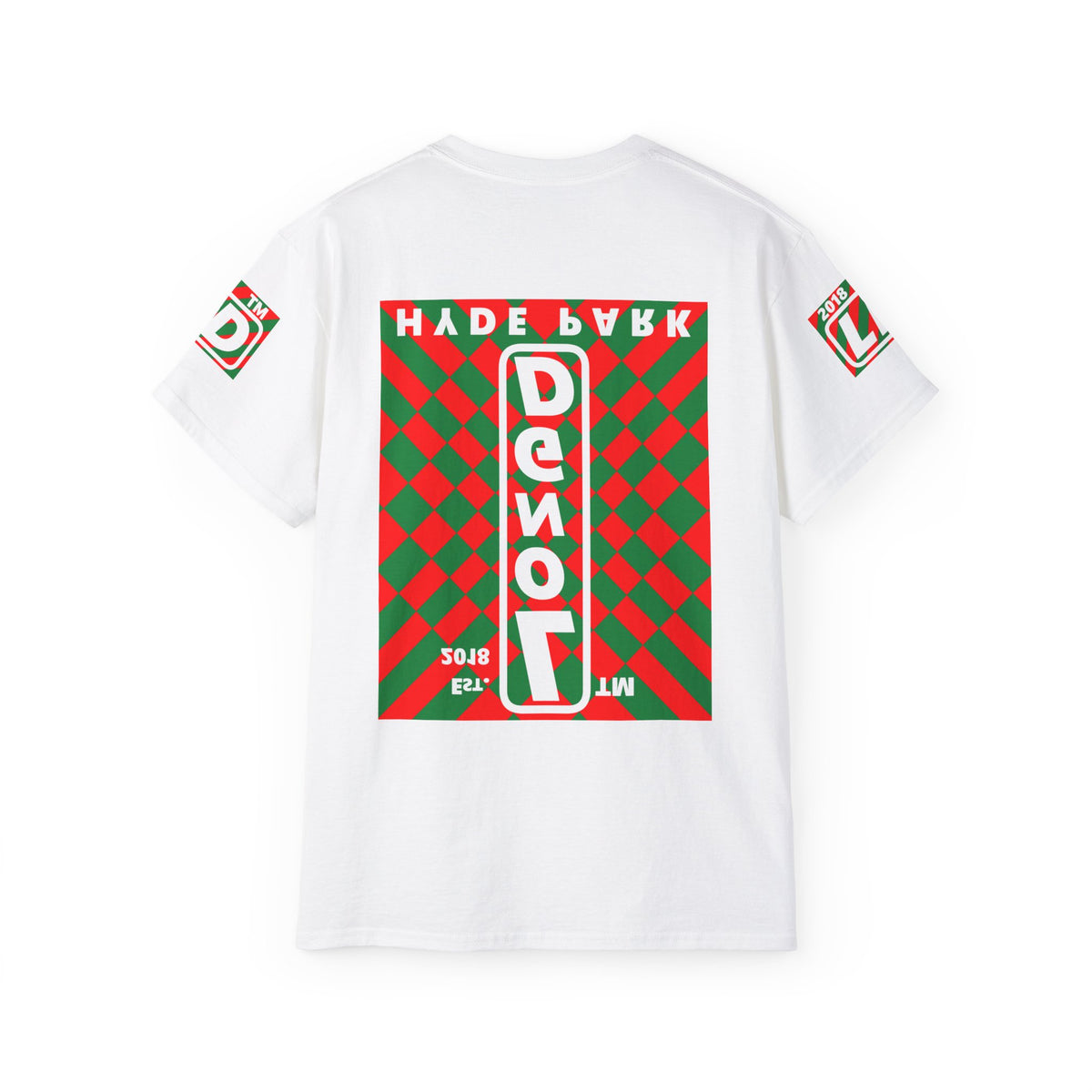 LongD Hyde Park negative upright stylized argyle 4-print logo (Xmas colors) cotton tee