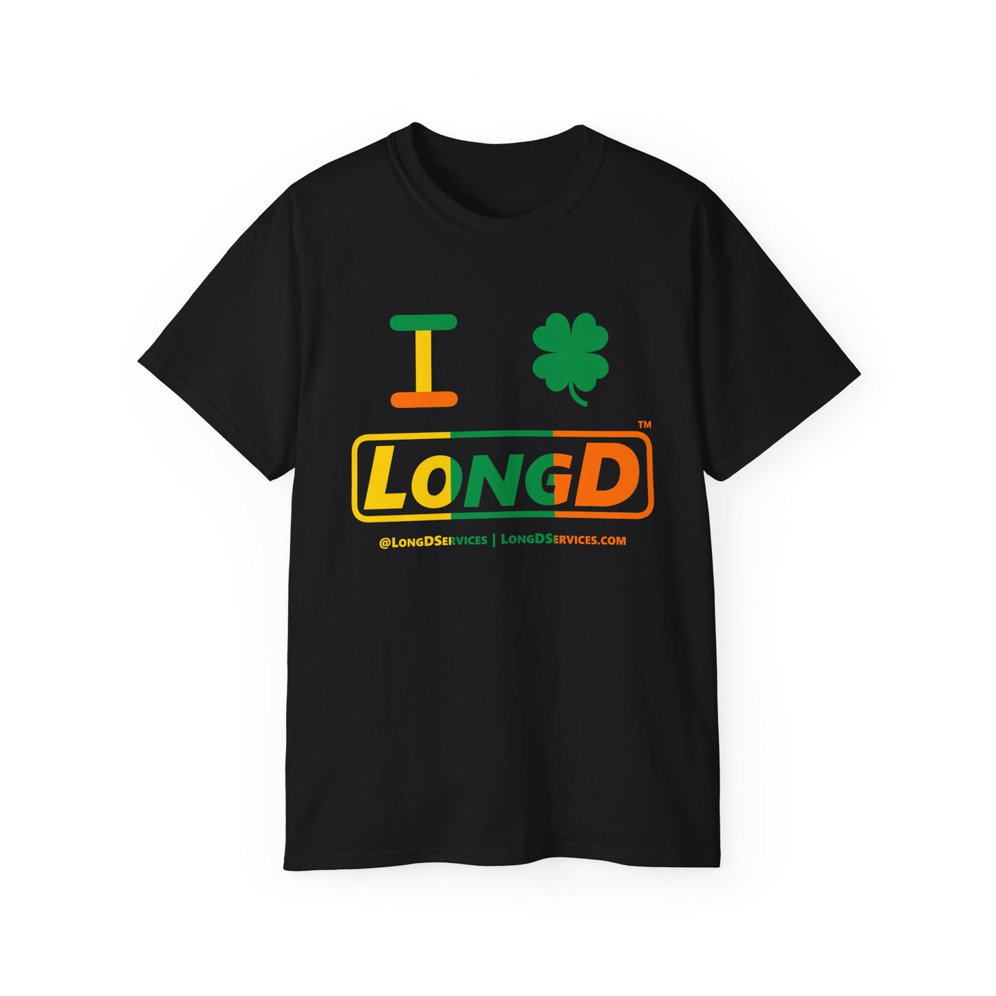 I Clover LongD® Logo Cotton Tee (St. Patrick's Day -Irish Green, Golden Yellow and Irish Orange thirds with 4-leaf clover)