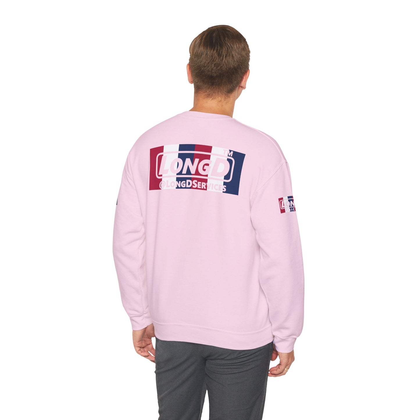 I firecracker LongD positive vertical 6-striped 4-print Hyde Park logo crewneck sweatshirt