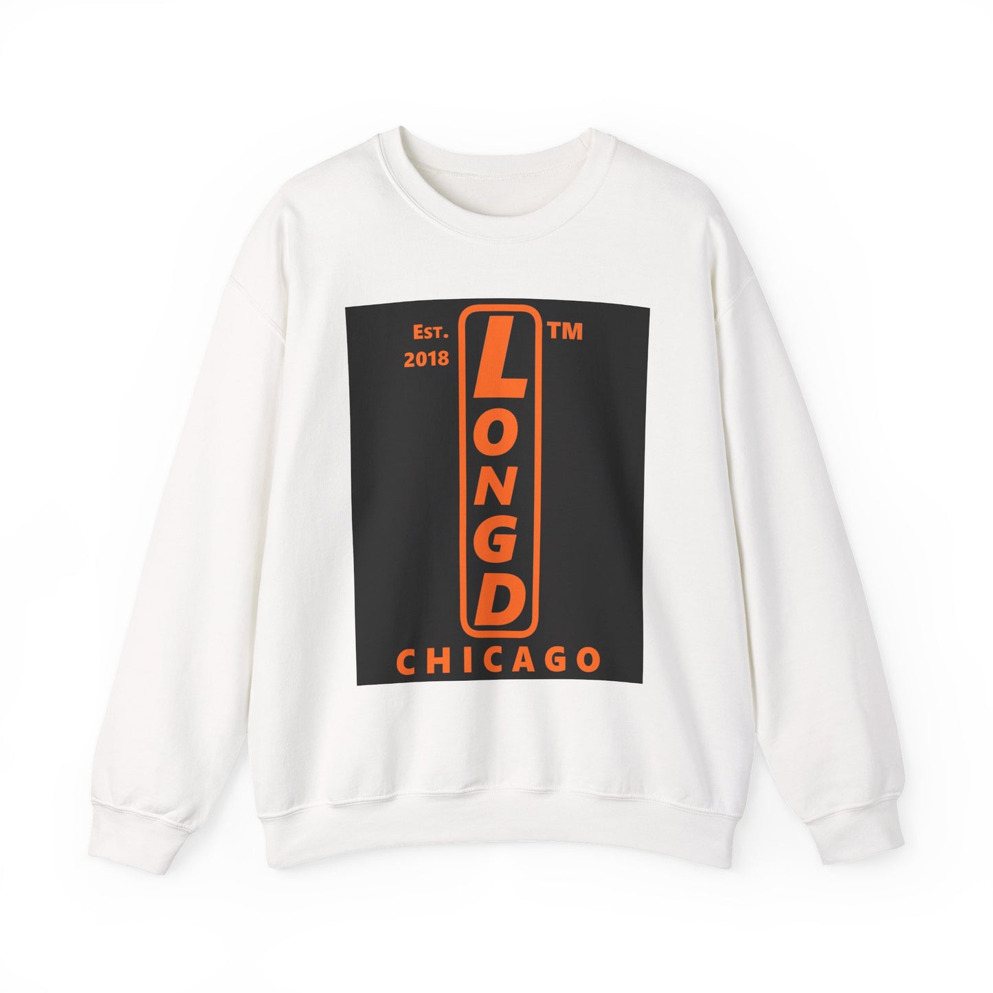 LongD Chicago upright front-back logo orange (FE7518) on Black (000000) crewneck sweatshirt