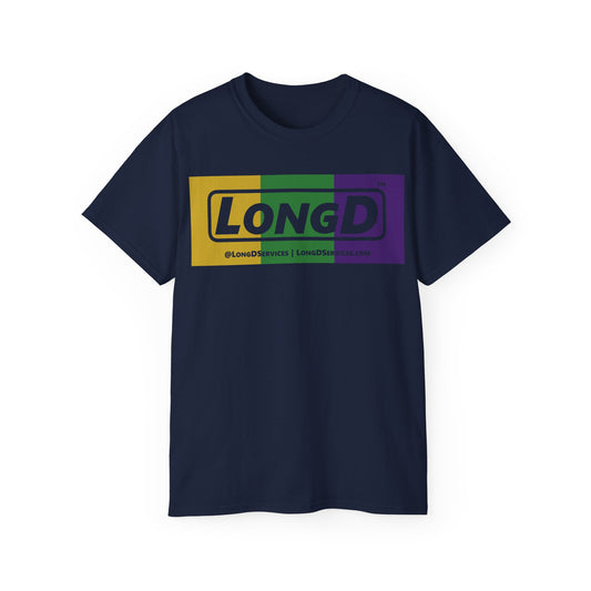 LongD® Logo Cotton Tee (Mardi Gras colored negative text)