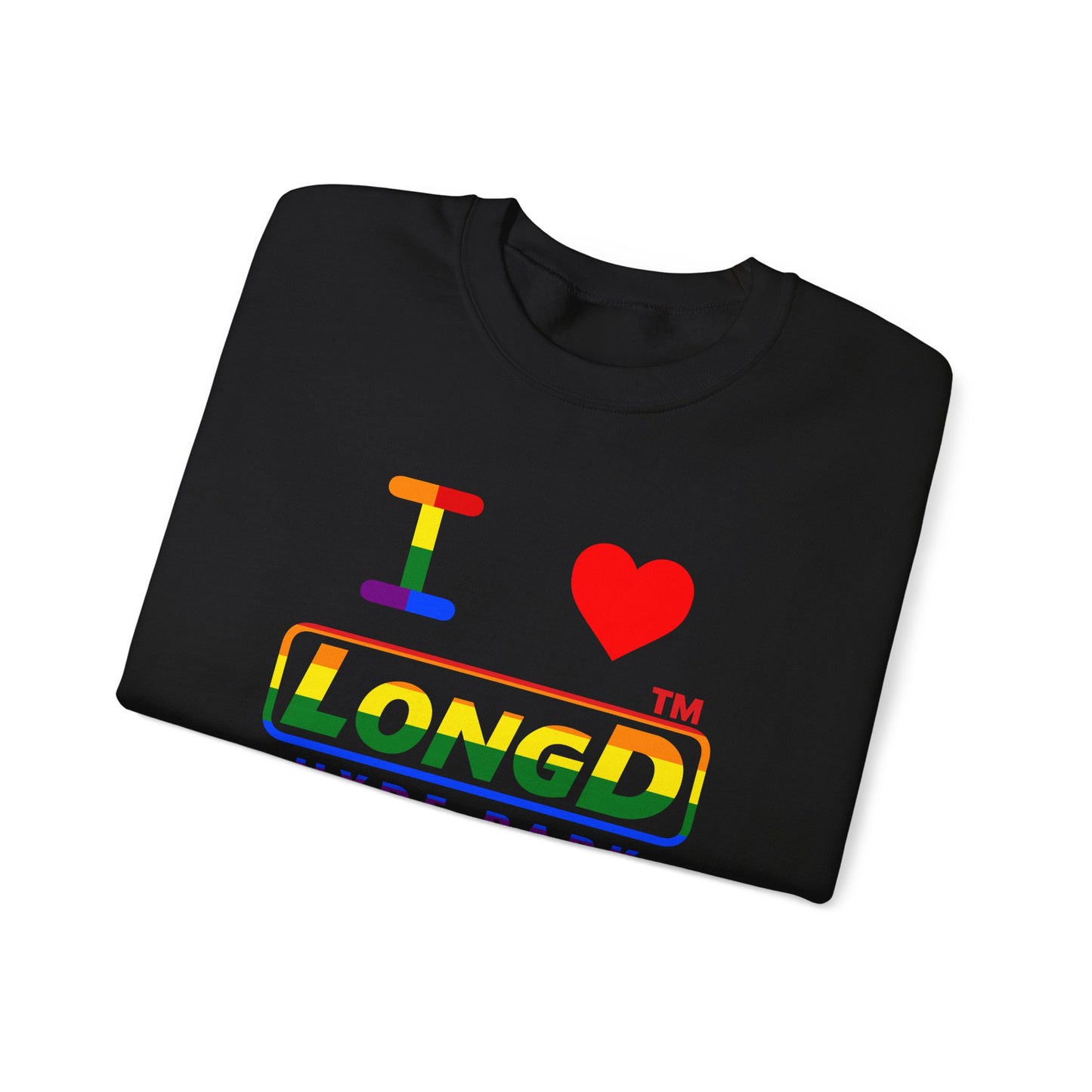 I Luv LongD positive horizontal striped front-back Hyde Park logo crewneck sweatshirt (Pride colors)