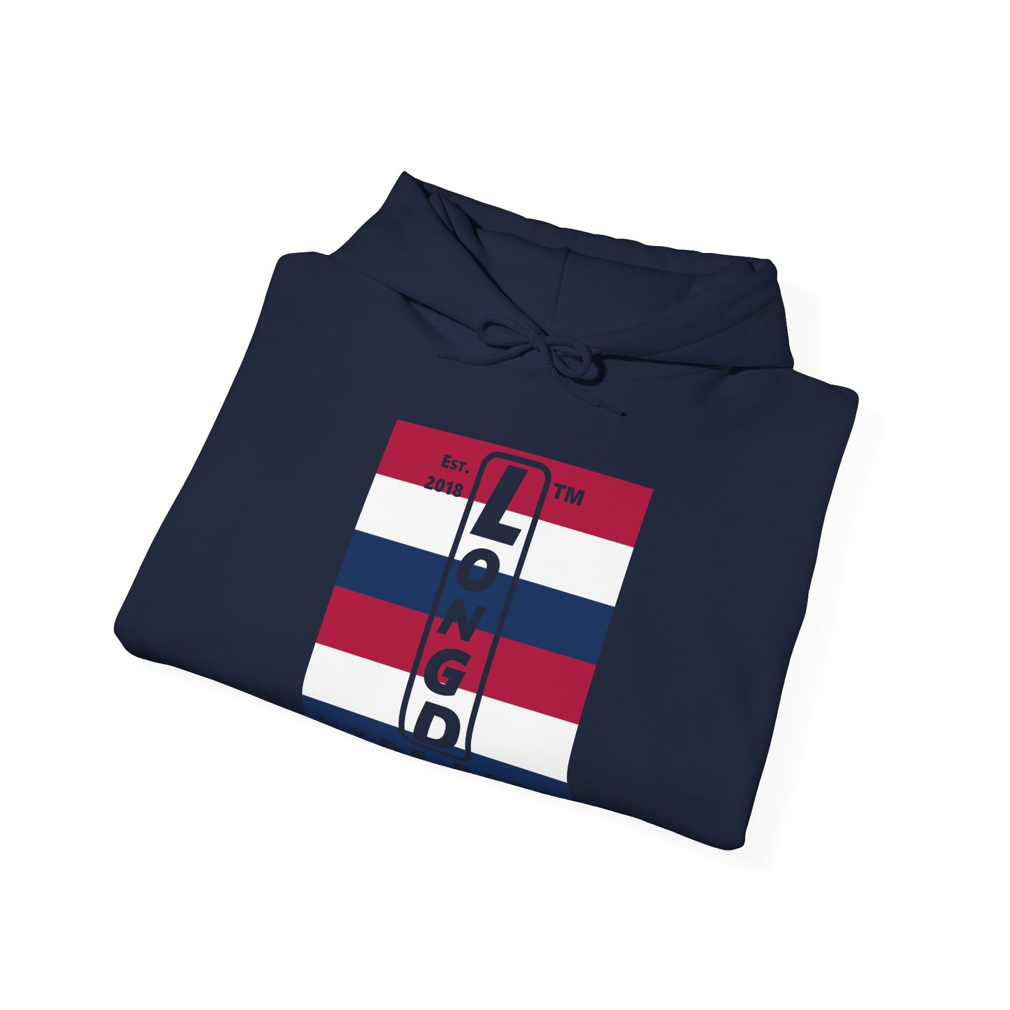 LongD® negative horizontal 6-striped upright Hyde Park logo hoodie (Patriotic colors)