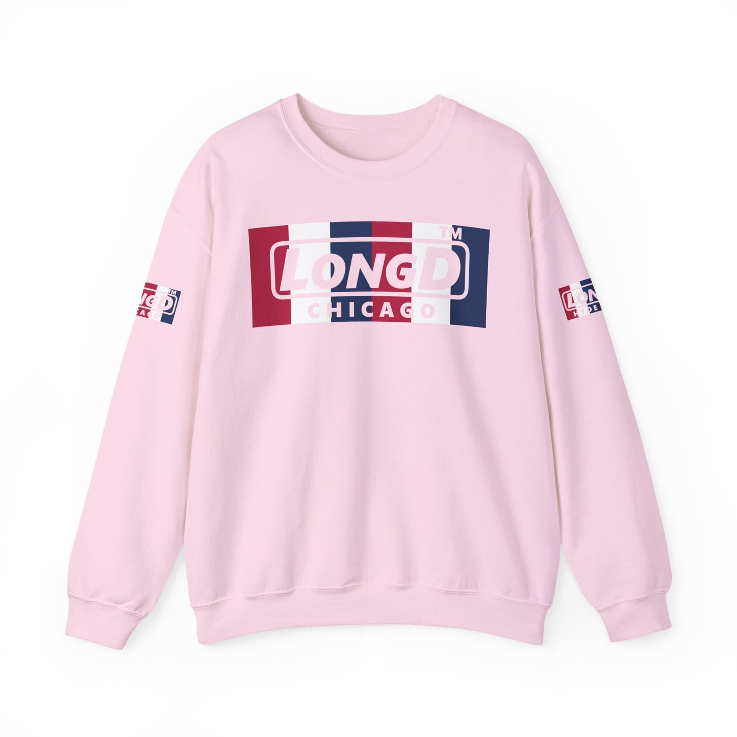 LongD negative vertical 6-striped 4-print double-breasted Chicago logo crewneck sweatshirt (patriotic colors)