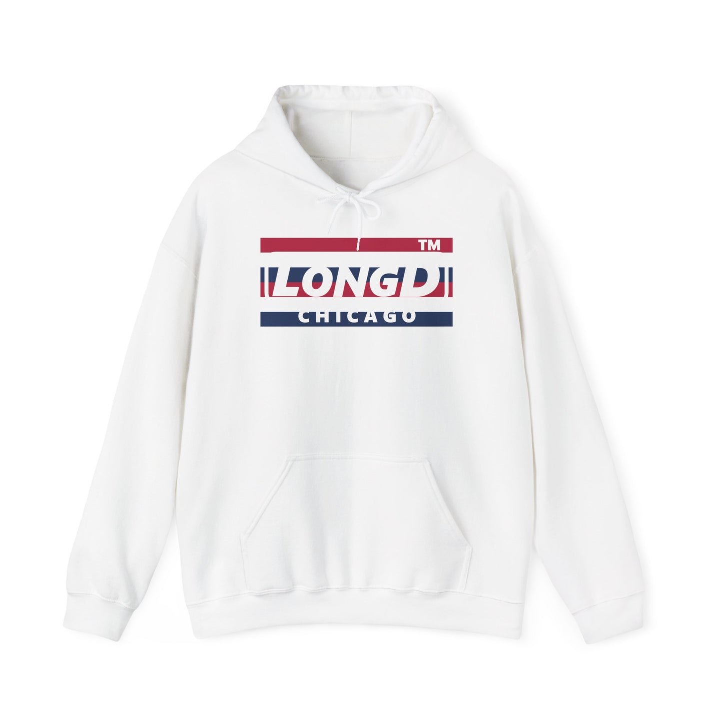 LongD® negative horizontal 6-striped Chicago logo hoodie (patriotic colors)