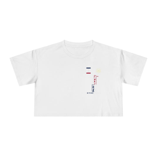 I burst LongD positive quarters upright single-breasted Hyde Park logo crop tee