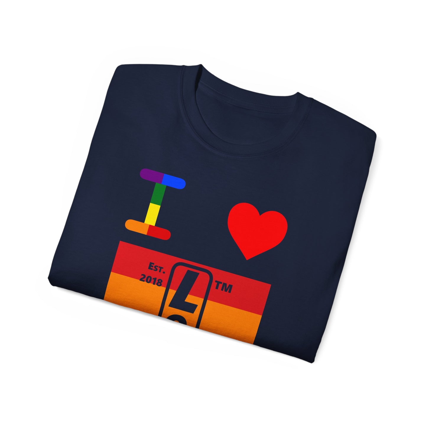 I Luv LongD Cotton Tee negative horizontal striped Hyde Park upright logo (Pride colors)