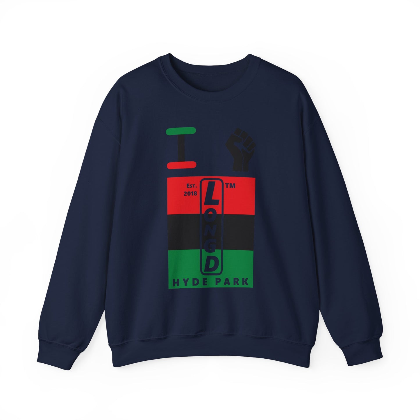 I Fist LongD negative horizontal 3-striped Hyde Park upright logo crewneck sweatshirt