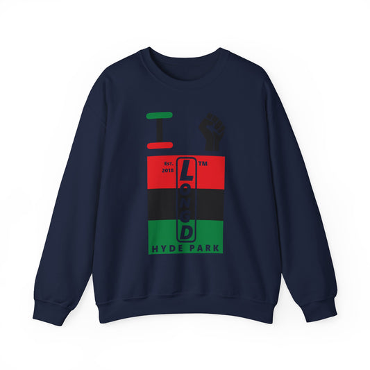 I Fist LongD negative horizontal 3-striped Hyde Park upright logo crewneck sweatshirt