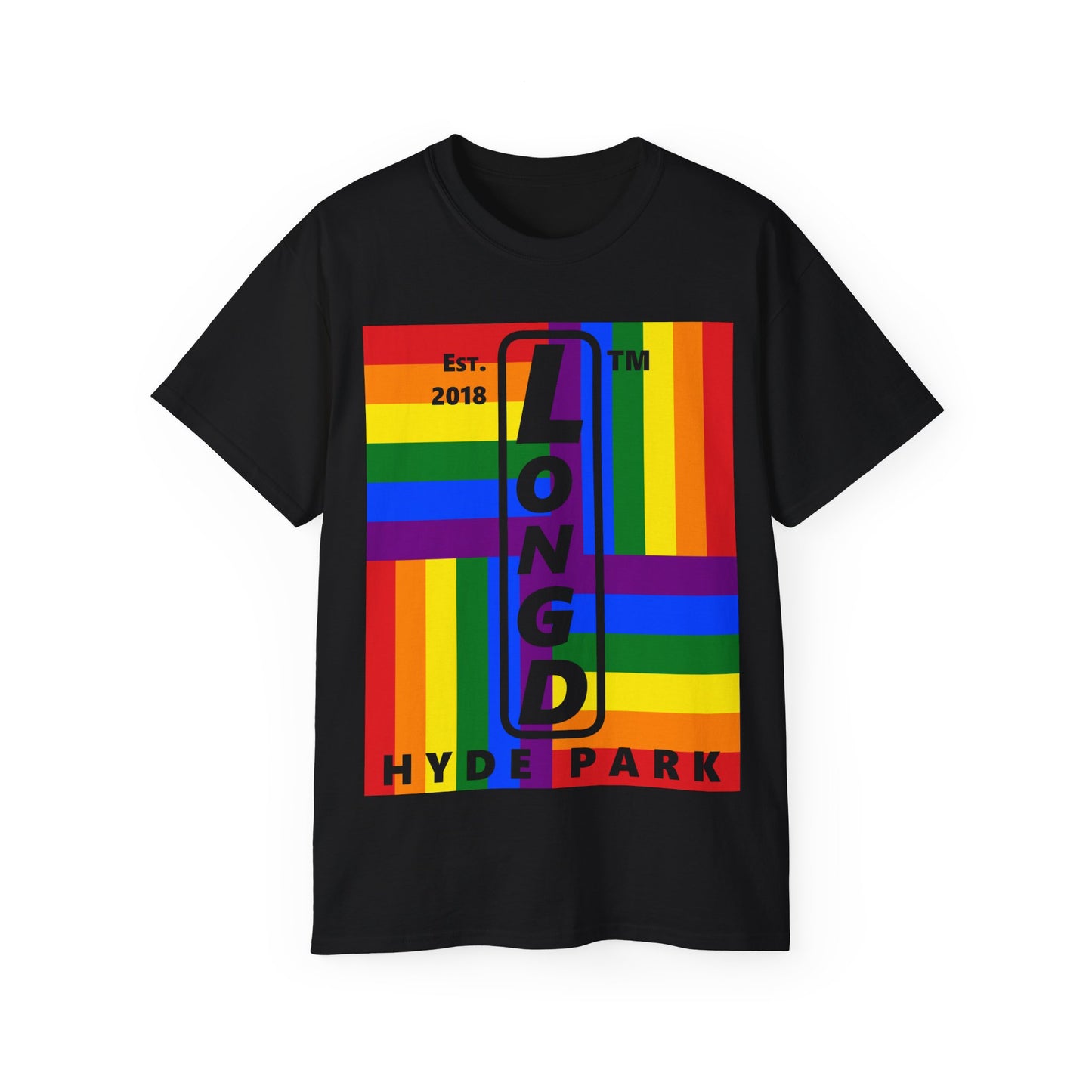 LongD Cotton Tee negative windmill Hyde Park upright logo (Pride colors)
