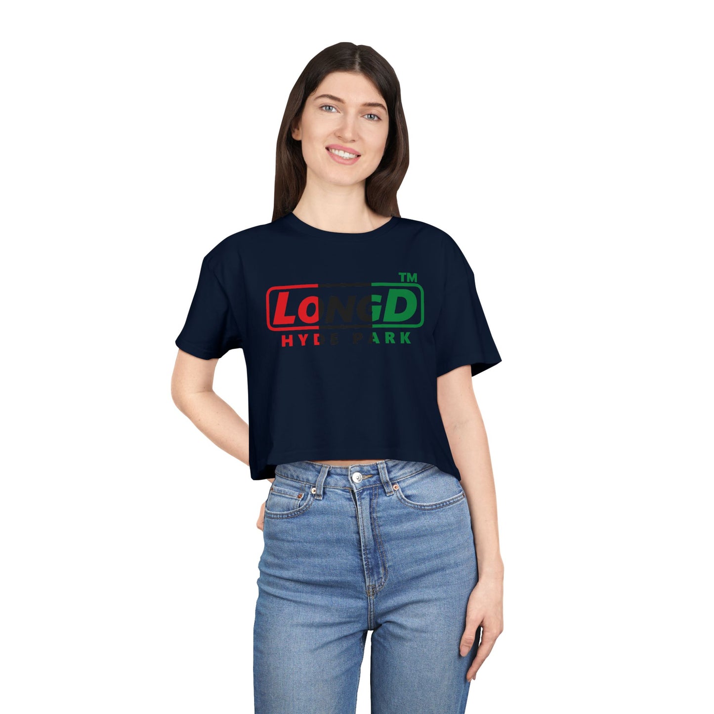 LongD positive vertical 3-striped Hyde Park logo crop tee (Juneteenth colors)