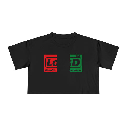 LongD negative vertical 3-striped tag-domain logo crop tee (Juneteenth colors)