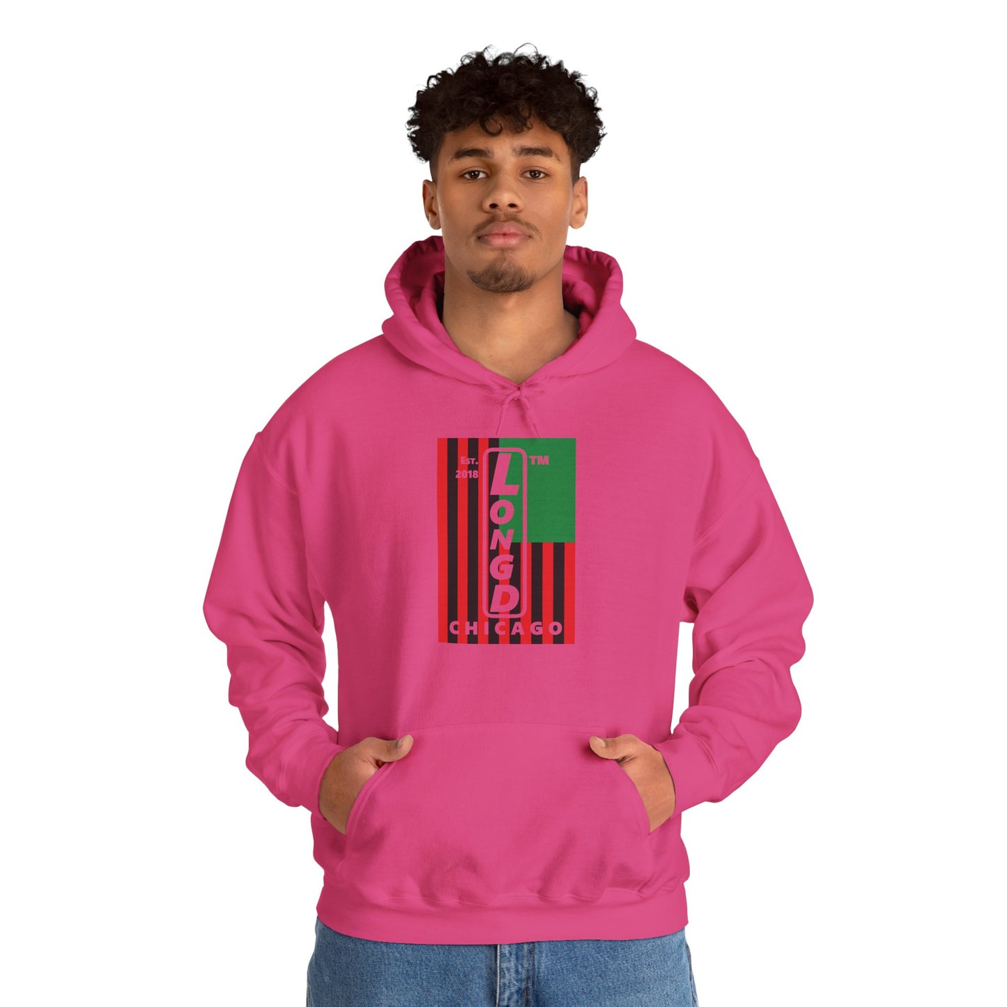 LongD® negative cropped flag upright Chicago logo hoodie (Juneteenth colors)