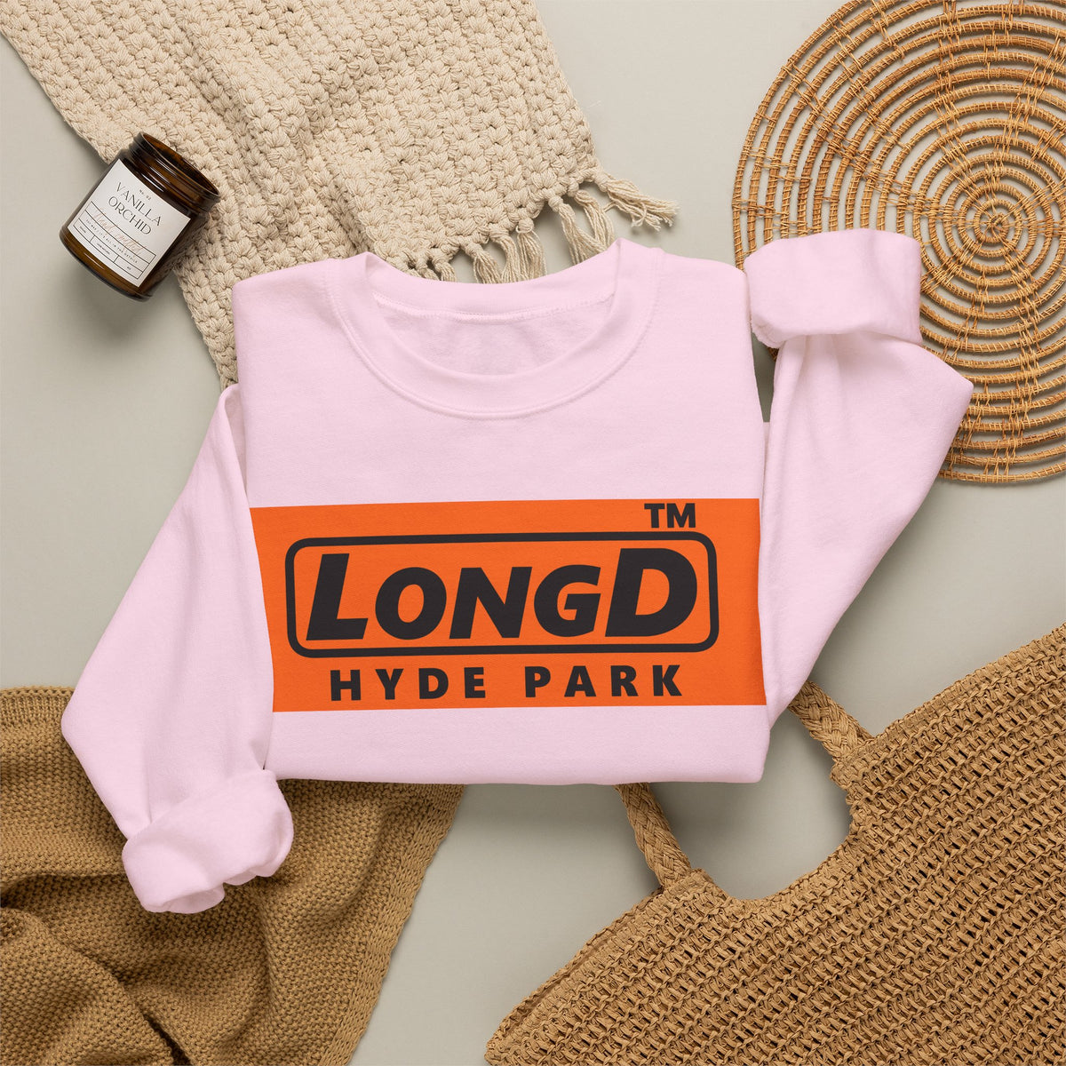 LongD Hyde Park logo Black (000000) on orange (FE7518) (Halloween colors) crewneck sweatshirt