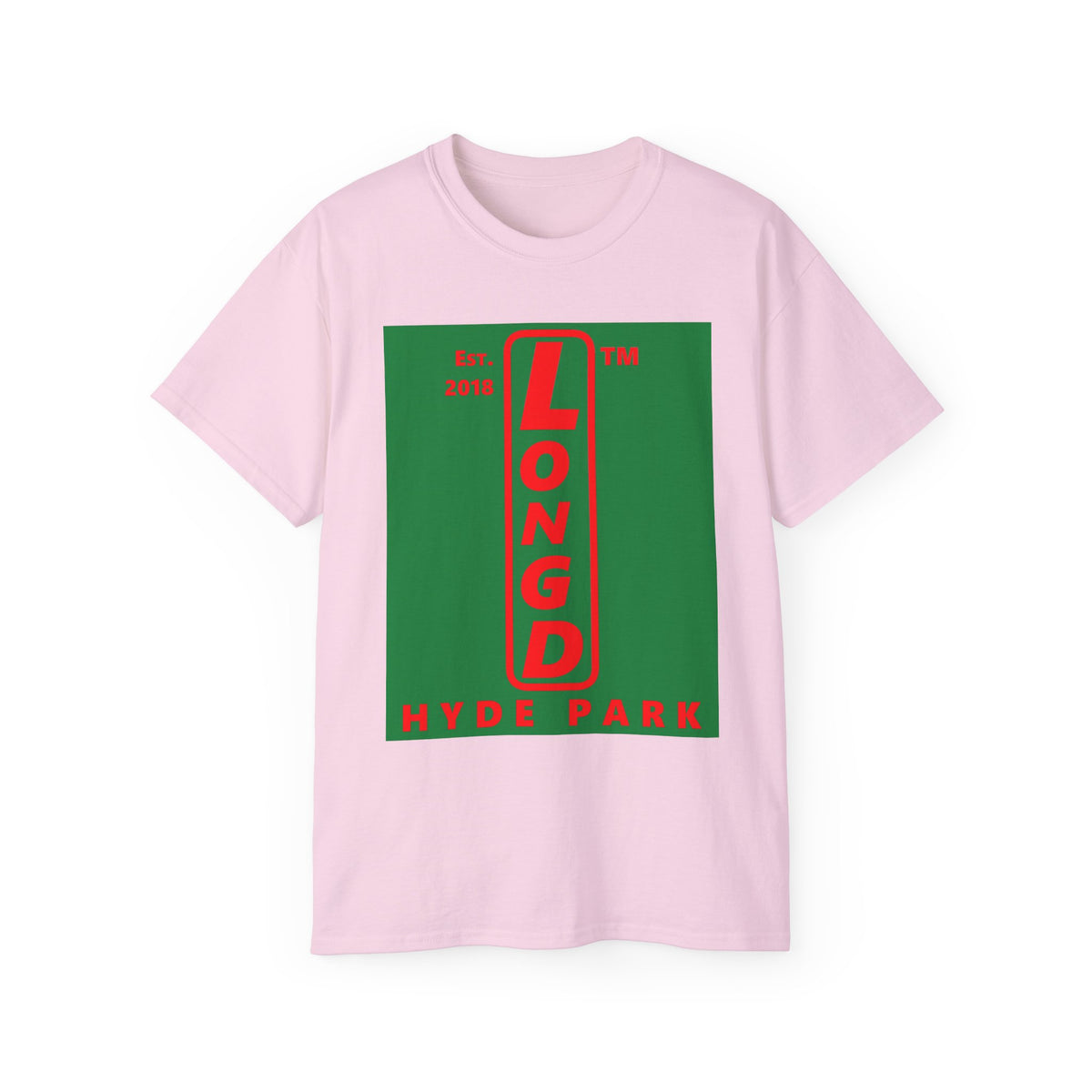 LongD Hyde Park upright logo positive red on negative green (Xmas colors) cotton tee