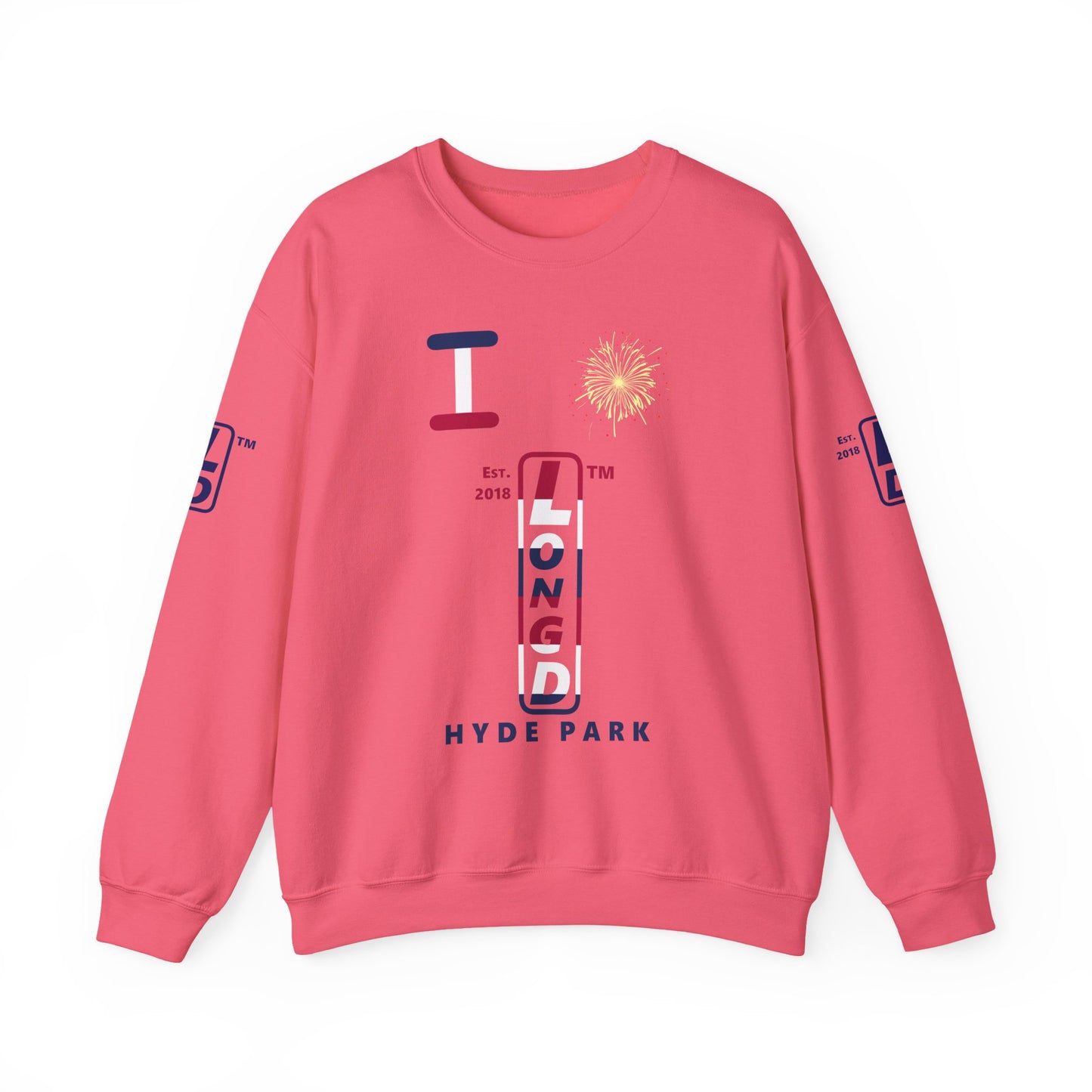I Burst LongD positive horizontal 6-striped Hyde Park upright 4-print logo crewneck sweatshirt
