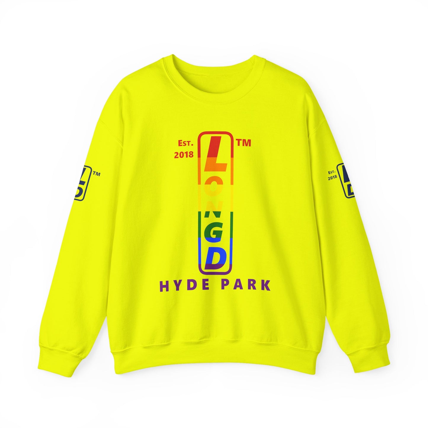LongD positive horizontal 6-striped Hyde Park 4-print upright logo crewneck sweatshirt (Pride colors)