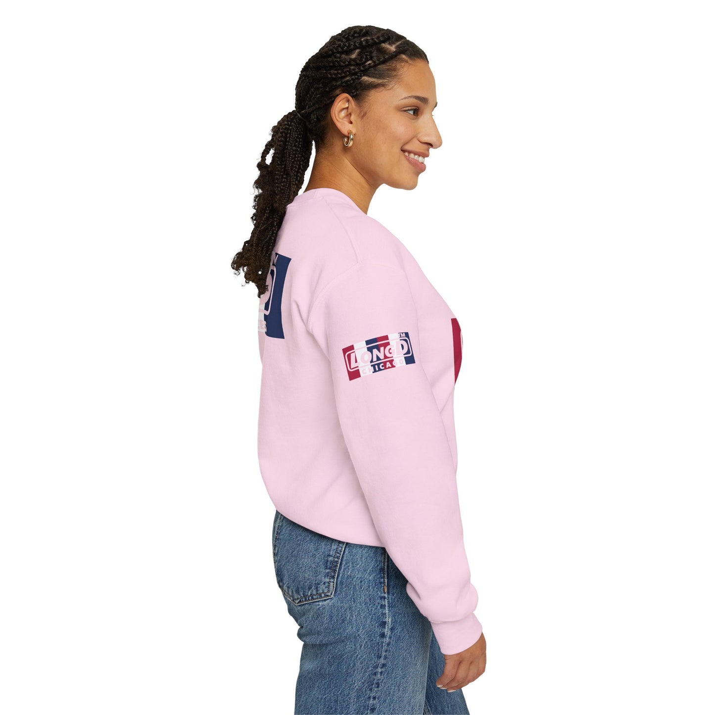 I firecracker LongD positive vertical 6-striped 4-print Chicago logo crewneck sweatshirt