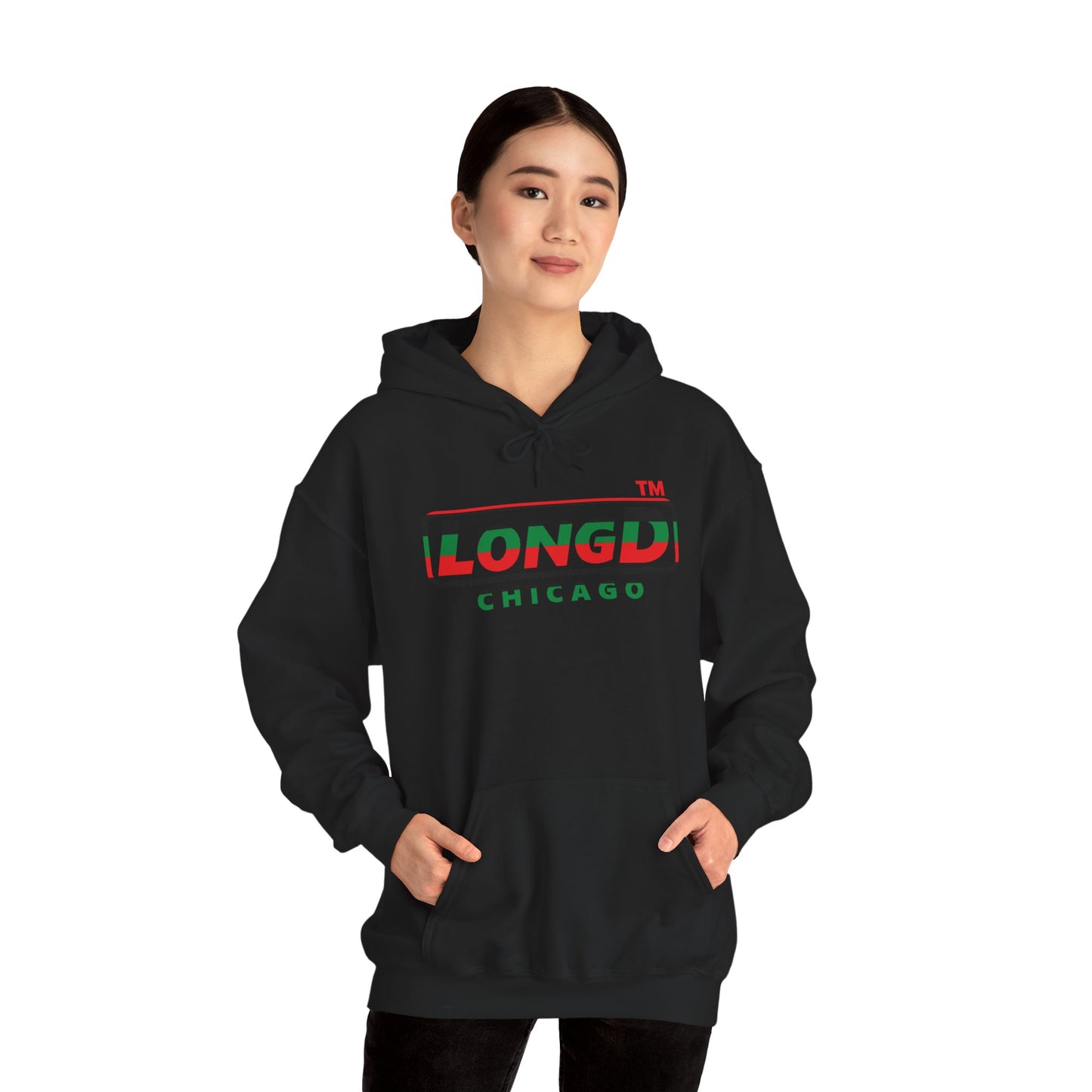 LongD® positive horizontal 6-striped Chicago logo Hoodie (Juneteenth colors)