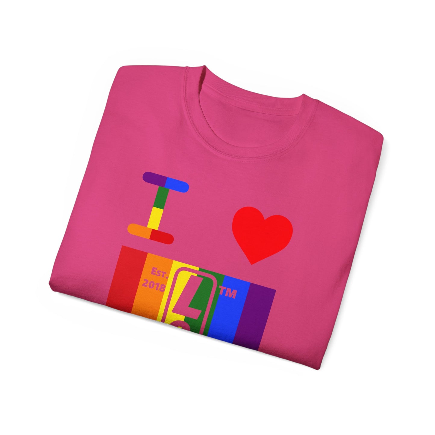I Luv LongD Cotton Tee negative vertical striped Chicago upright logo (Pride colors)