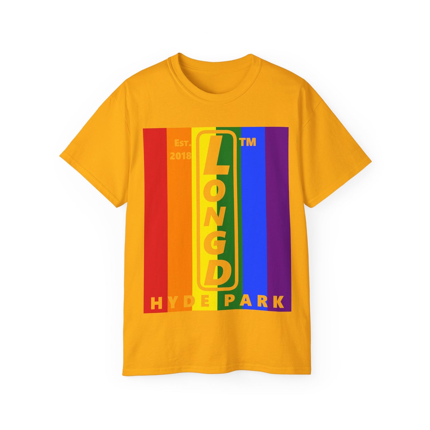 LongD Cotton Tee negative vertical striped Hyde Park upright logo (Pride colors)