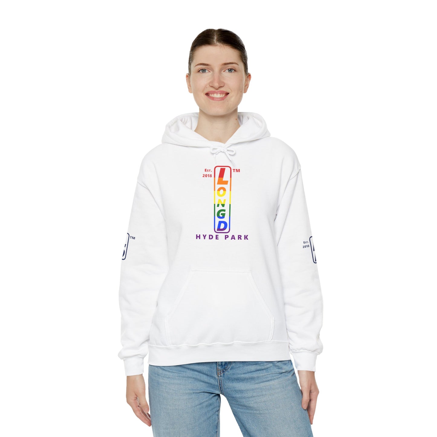 LongD® positive horizontal 6-striped Hyde Park 4-print upright logo hoodie (Pride colors)