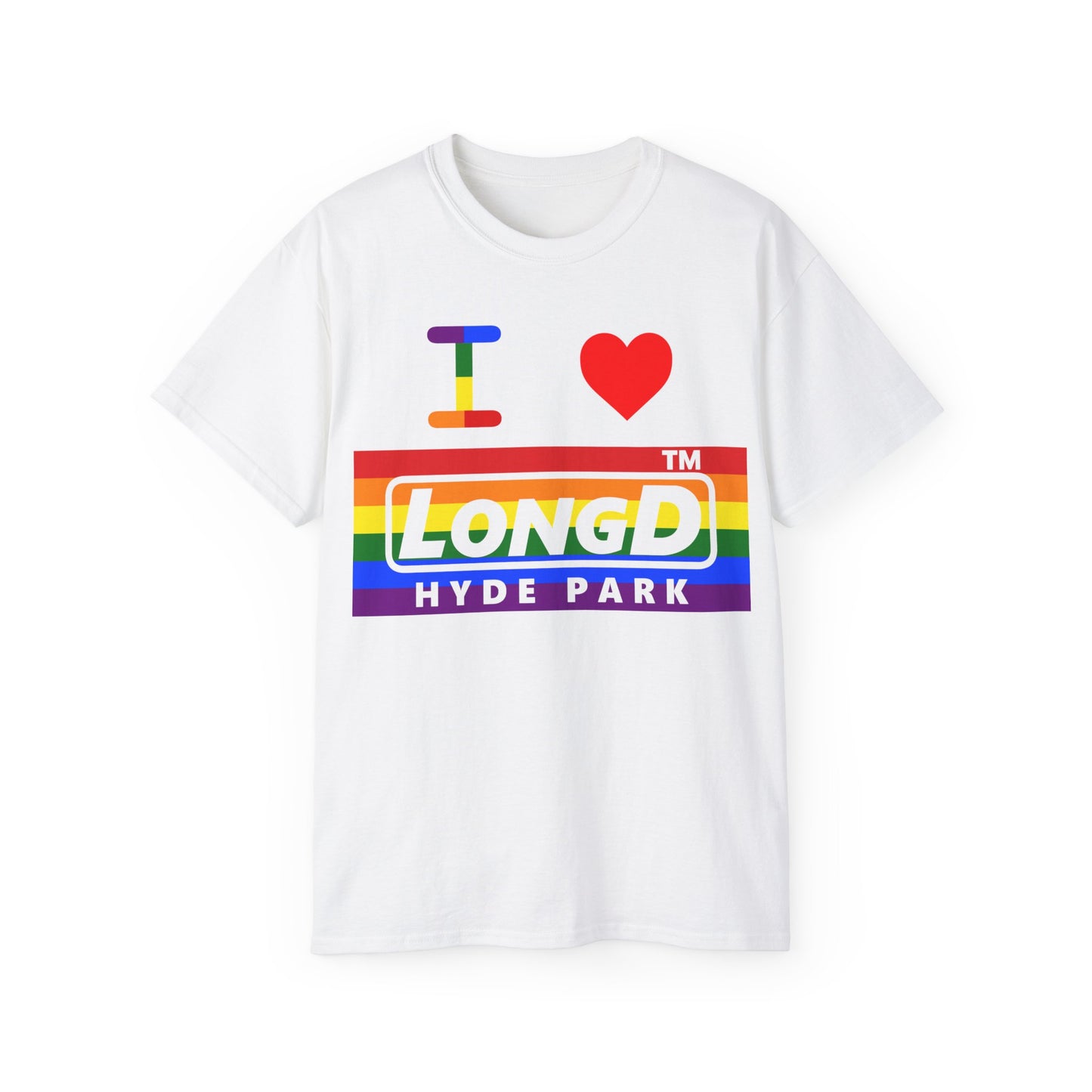 I Luv LongD negative horizontal striped front-back Hyde Park logo cotton tee (Pride colors)