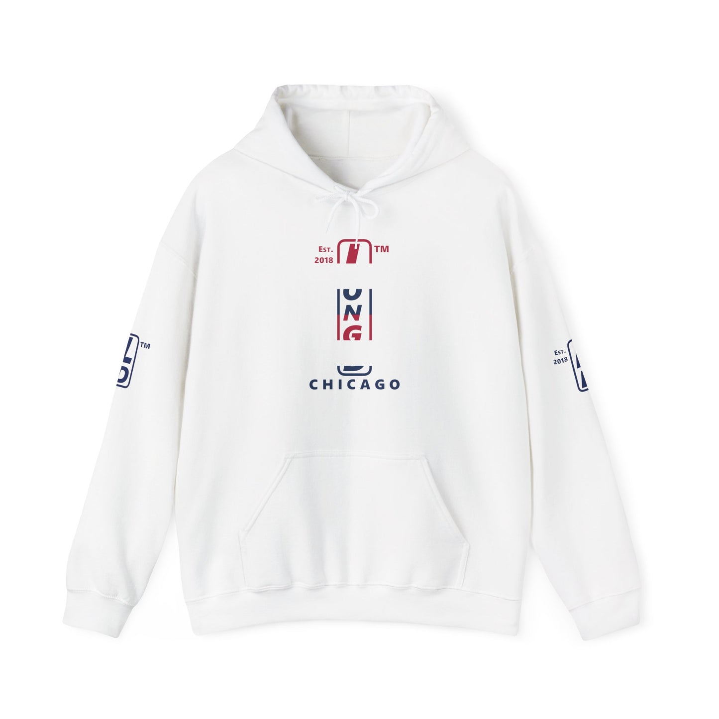 LongD® positive horizontal 6-striped Chicago 4-print upright logo hoodie (patriotic colors)