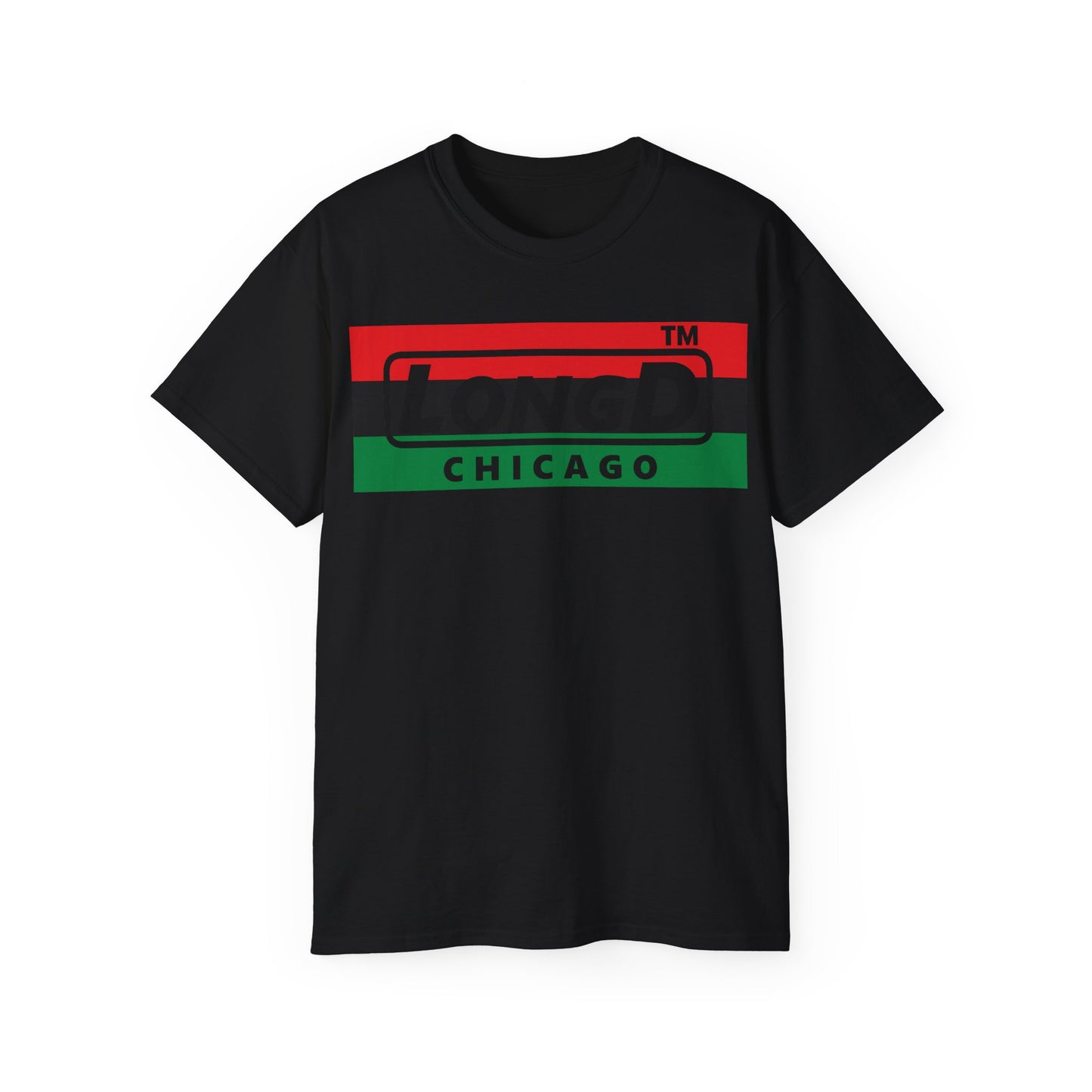 LongD negative horizontal 3-striped Chicago logo cotton tee (Juneteenth colors)
