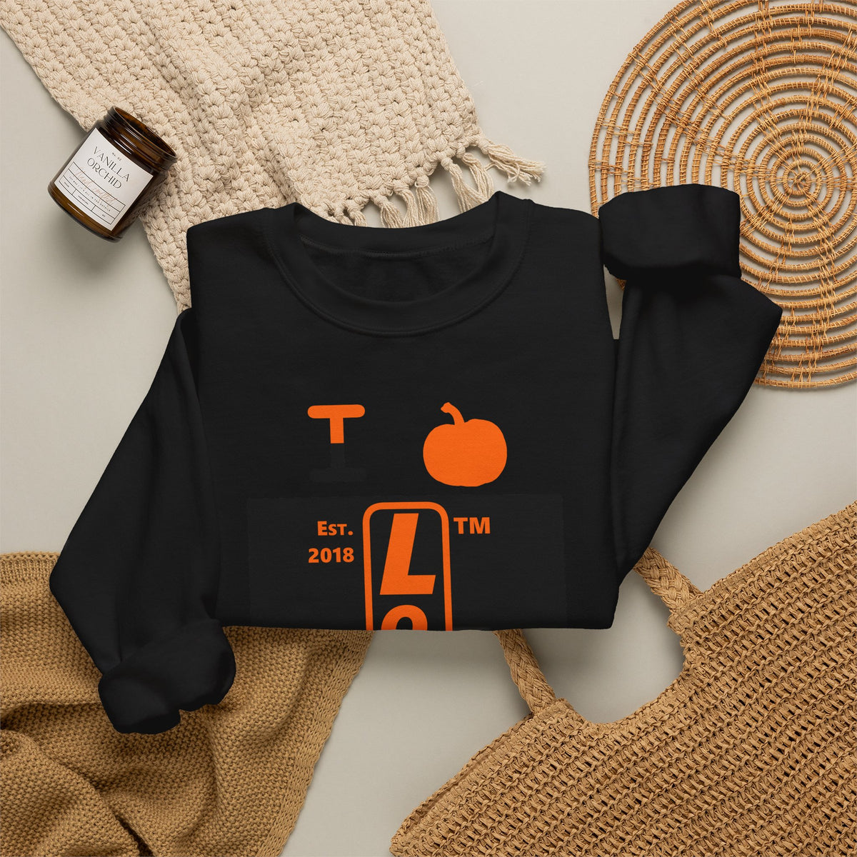 I pumpkin LongD Hyde Park upright logo positive orange on negative black crewneck sweatshirt