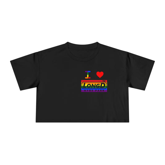 I Luv LongD negative horizontal 6-striped single-breasted Hyde Park logo reverse front-back crop tee (Pride colors)
