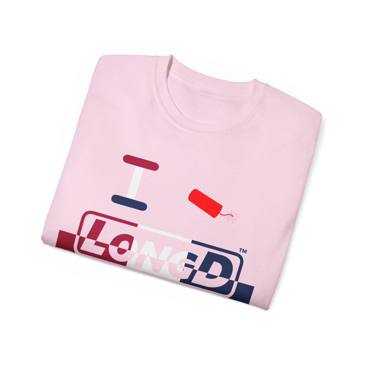 I Firecracker LongD® Logo Cotton Tee Red, White and Blue positive top negative bottom split thirds text