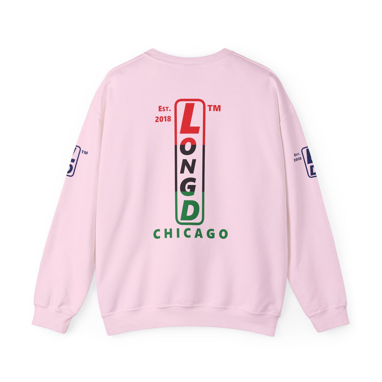 LongD positive horizontal 3-striped Chicago 4-print upright logo crewneck sweatshirt (Juneteenth colors)