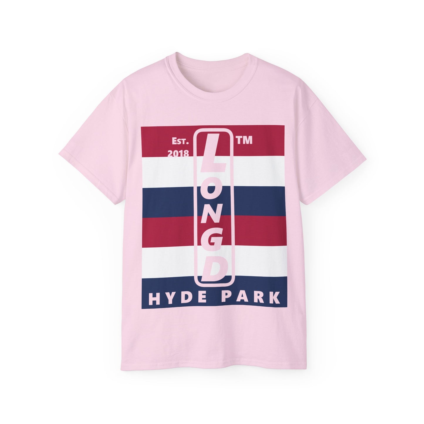 LongD cotton tee negative horizontal 6-striped Hyde Park upright logo (Patriotic colors)