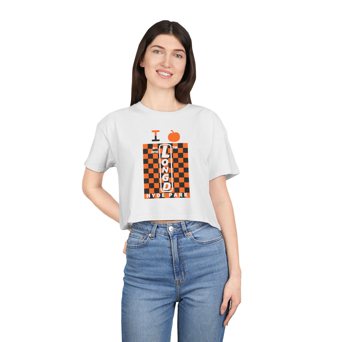 I pumpkin LongD Hyde Park negative upright checkered logo crop tee