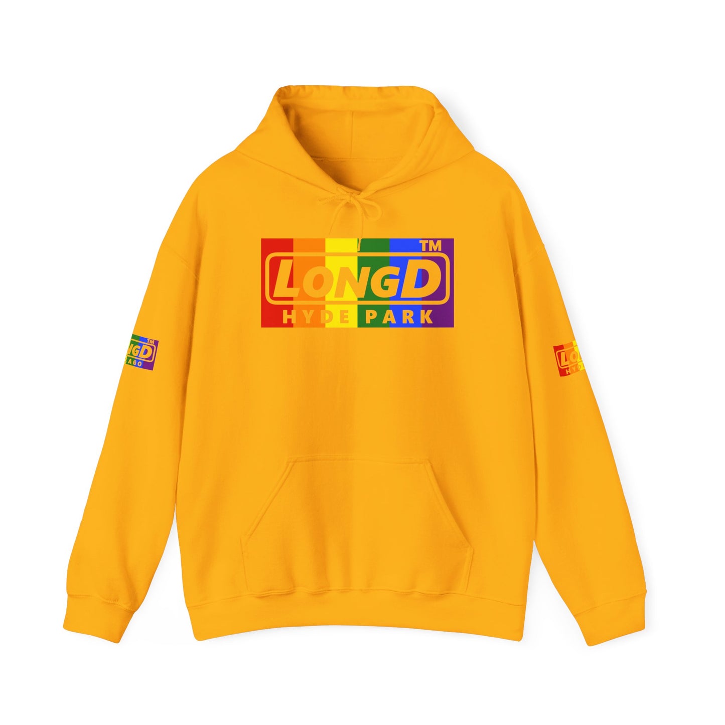 LongD® negative vertical striped 4-print Hyde Park logo hoodie (Pride colors)