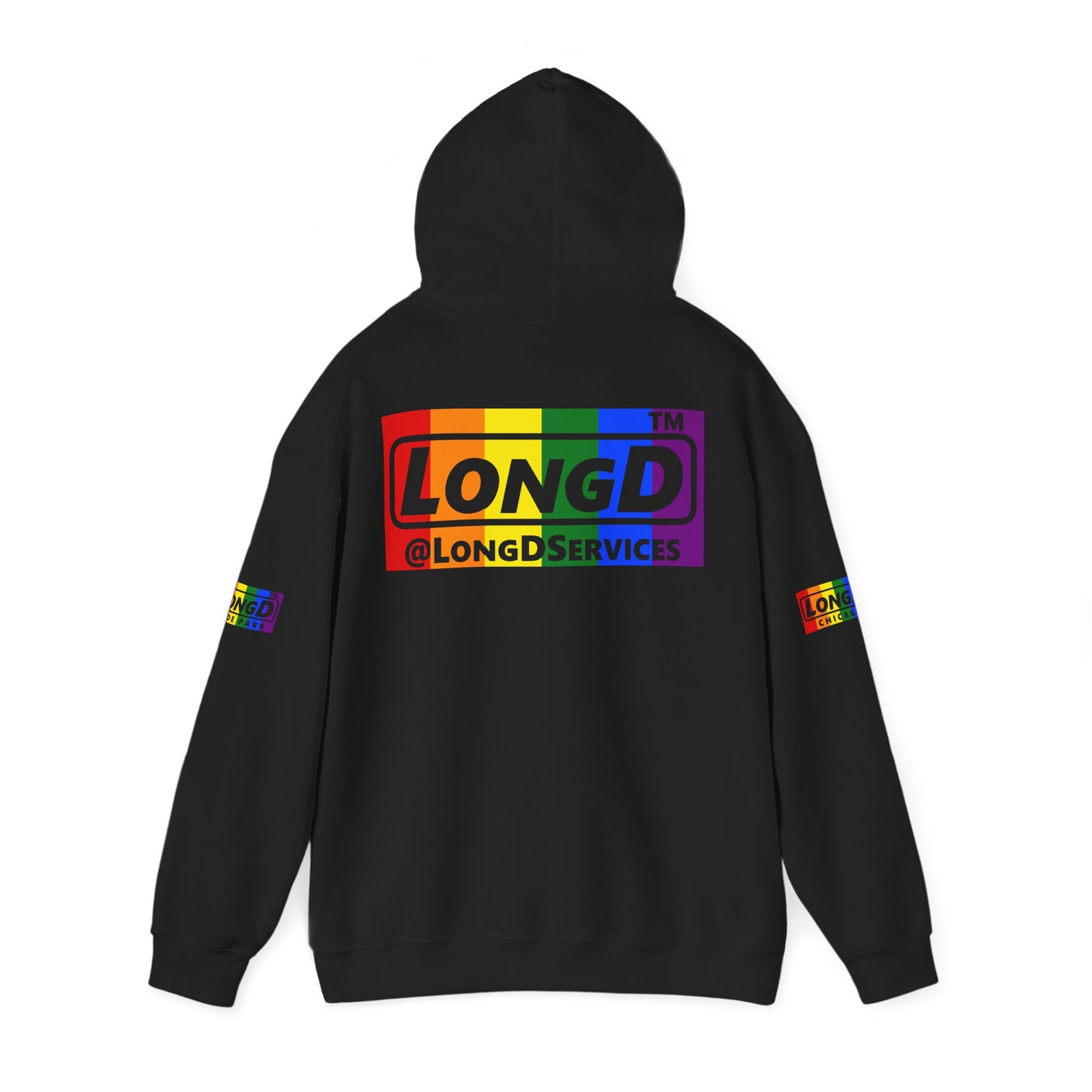 I Luv LongD® negative vertical striped 4-print Chicago logo hoodie (Pride colors)