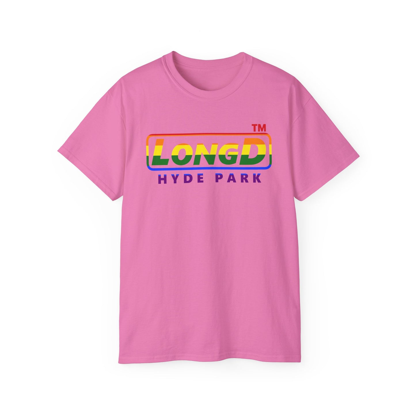 LongD positive vertical striped front-back Hyde Park logo cotton tee (Pride colors)