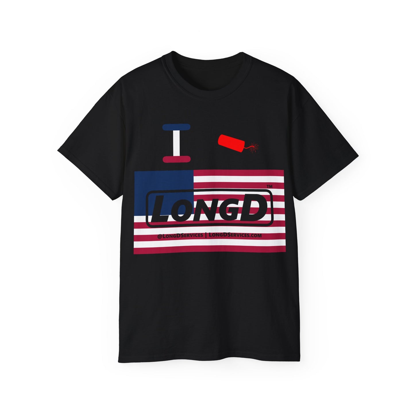 I Firecracker LongD® Logo Cotton Tee Red, White and Blue negative flag text