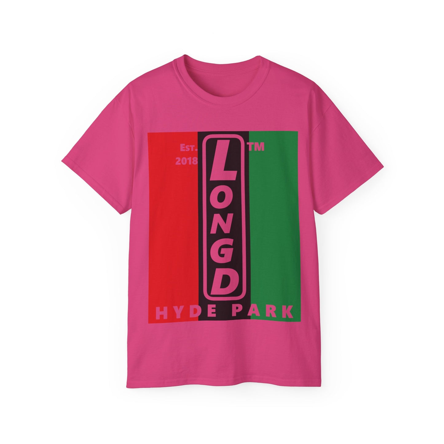 LongD Cotton Tee negative vertical striped Hyde Park upright logo (Juneteenth colors)